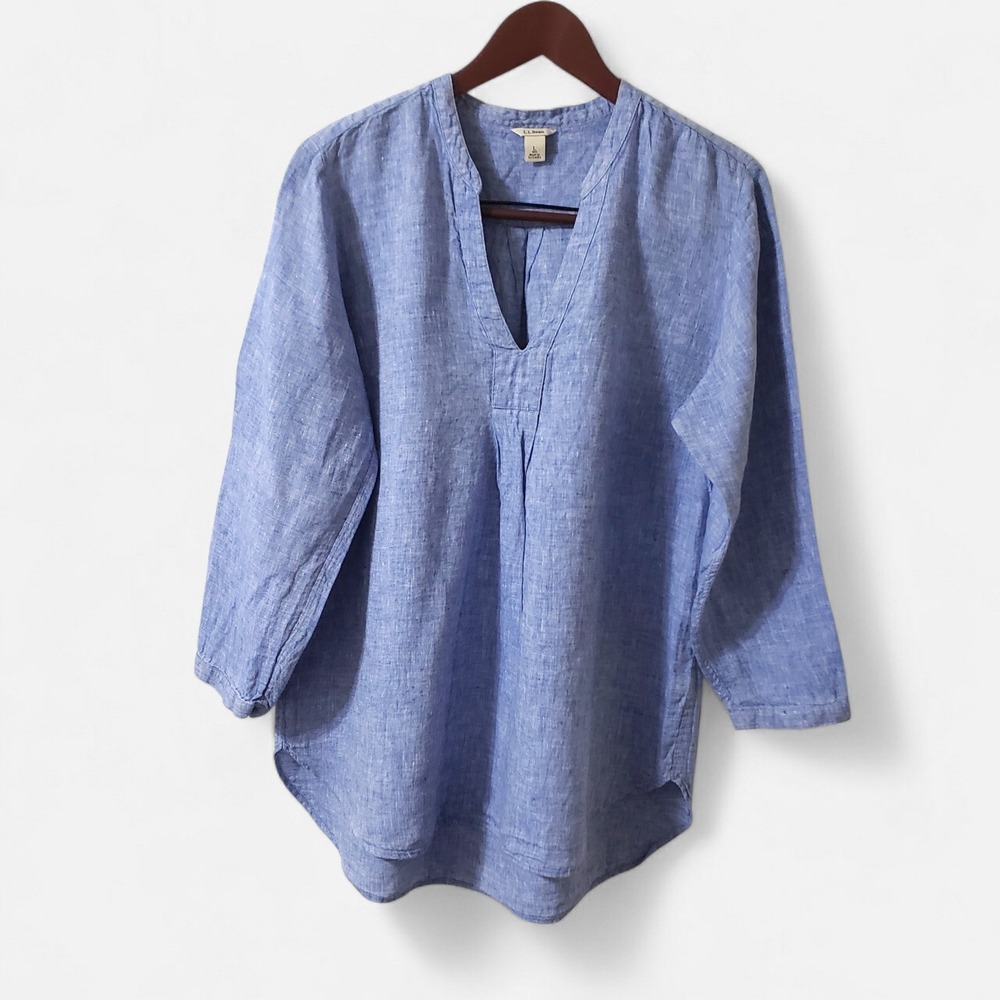 LL Bean Womens Chambray Blue 100% Linen Split Neck Tunic Blouse Top Large Reg